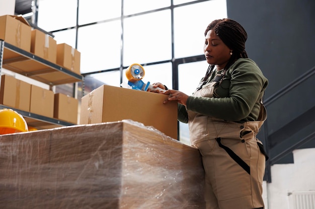 Photo employee using adhesive tape to pack customers orders, preparing products for delivery in storage room. african american supervisor wearing industrial overall during goods inventory