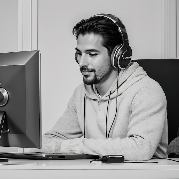 Photo an employee with headset while working