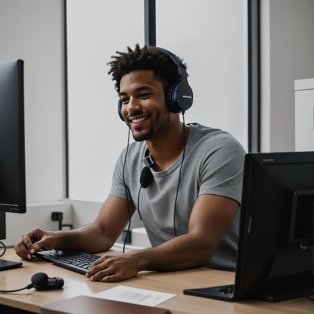 Photo an employee with headset while working