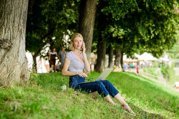 Employee work outdoors Girl laptop outdoors Being outdoors exposes workers to fresher air and environmental variations making happy and healthy physical emotional level Efficient and productivity