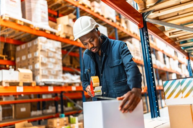 employee working at a distribution warehouse closing boxes