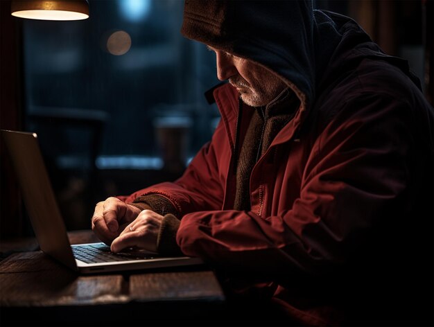 Фото Сотрудник, работающий с ноутбуком, печатает вручную в кафе.