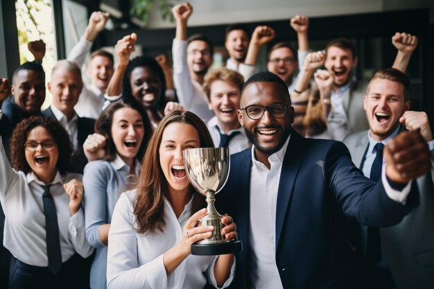 Photo employees celebrating business success with huge trophy