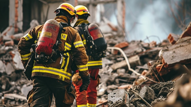 Employees of the emergency services are clearing the rubble together