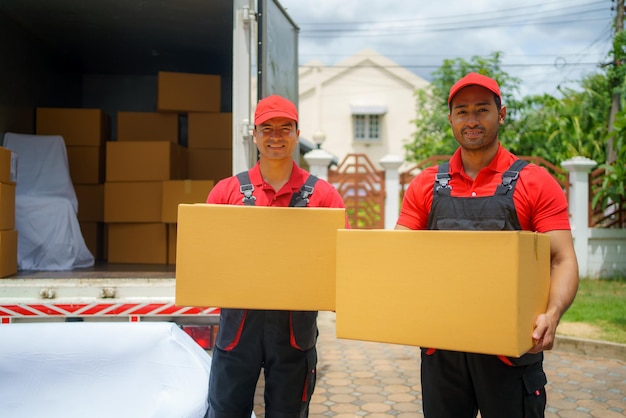 The employees of the House Removals company are standing behind the truck with boxes and smilingxA