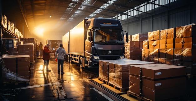 Employees loading boxes into a trucks at a warehouse A group of men standing next to a truck