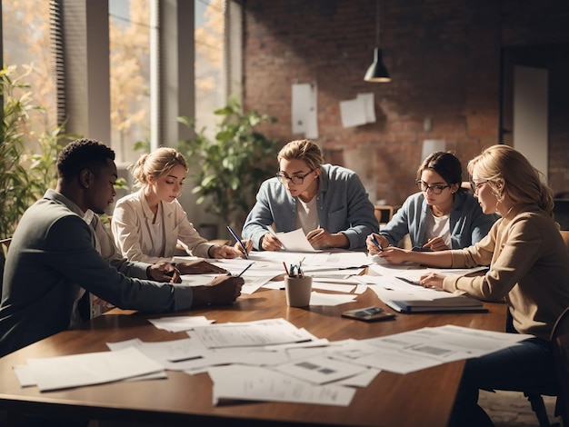 Employees reviewing the financial report