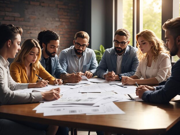 Employees reviewing the financial report