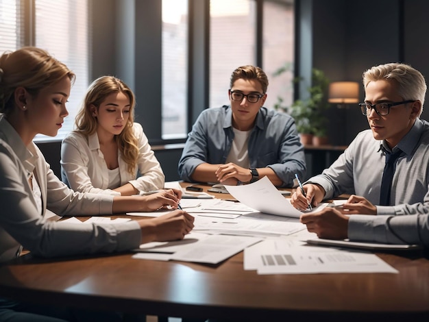 Employees reviewing the financial report