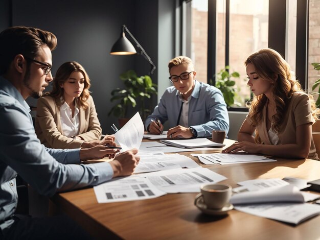 Employees reviewing the financial report