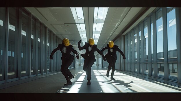 Photo employees wearing dark smart suits dancing in a firm corridor