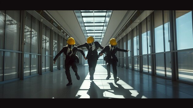 Foto dipendenti che indossano abiti scuri che ballano in un corridoio fermo