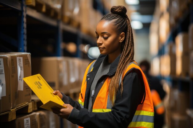 Employees work to sort cardboard boxes before shipping At warehouse Woman working in factory warehouse scanning labels on boxes with bar code scanner