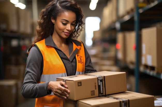 Employees work to sort cardboard boxes before shipping At warehouse Woman working in factory warehouse scanning labels on boxes with bar code scanner