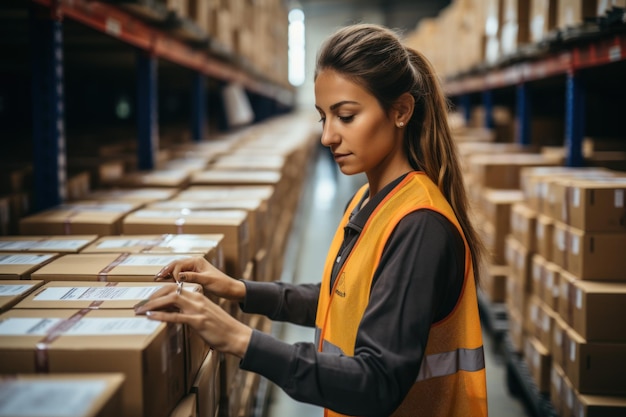 Employees work to sort cardboard boxes before shipping At warehouse Woman working in factory warehouse scanning labels on boxes with bar code scanner