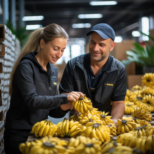 Foto lavoratori dipendenti che selezionano le banane, controllano la loro condizione e le dividono in diverse scatole