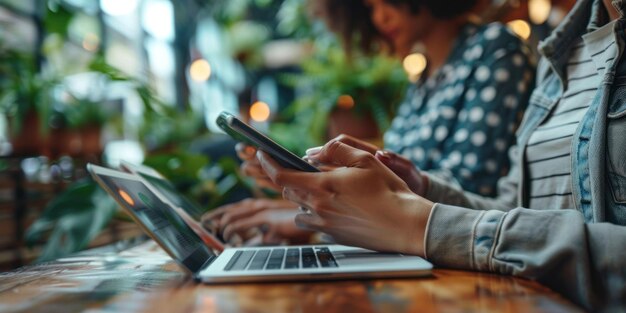 Foto dipendenti che lavorano sul loro dispositivo mobile