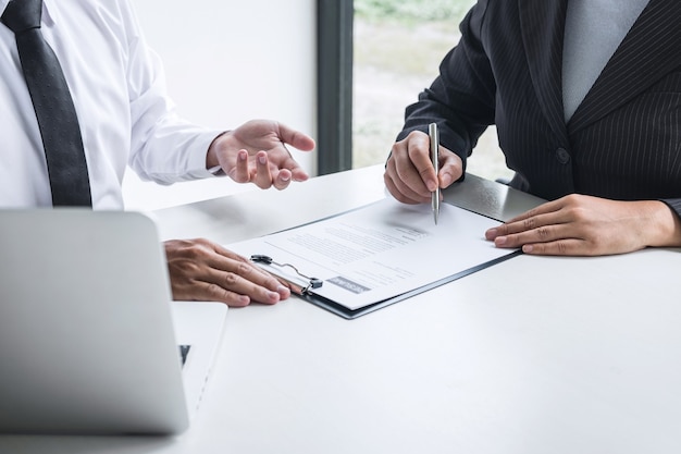 Employer arriving for a job interview, committee listen to candidate answers explaining about his profile and colloquy dream job, manager sitting in job Interview talking in office.