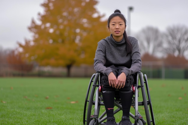 Foto atleta asiatico disabile in sedia a rotelle