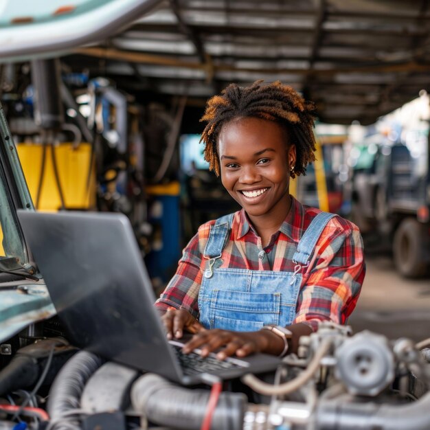 Фото Счастливая афро-женская механик использует ноутбук для эффективного ремонта грузовиков в мастерской