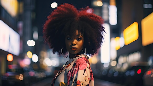 Empowered and confident afro woman at night in the city