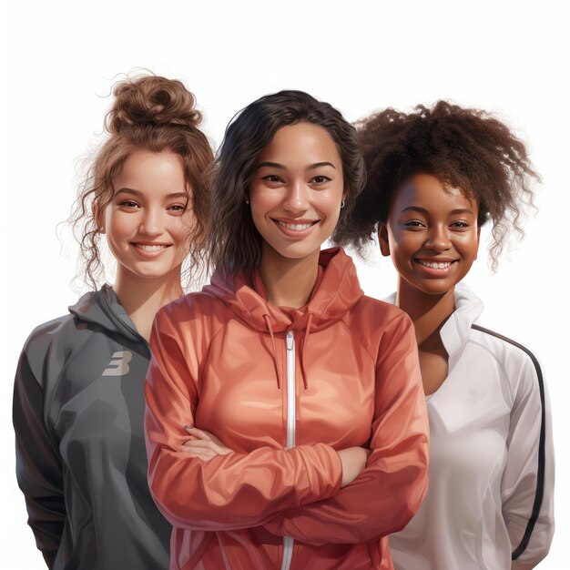 Empowered Diversity CloseUp Portret van drie virtuele vrouwelijke avatars Sportende Nike 15 jaar oud Radia