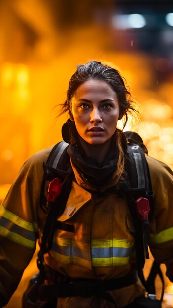 Photo empowered elegance brave female firefighter amidst fire