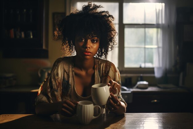 힘을 얻은 에너지 아름다운 흑인 여성은 집에서 커피 한 잔으로 하루를 시작합니다.
