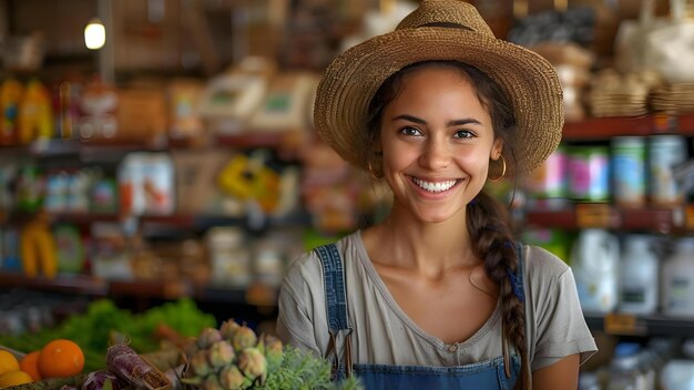 Empowered Female Farmer Radiates Joy at Supermarket Counter in Rustic Setting Concept Agriculture Empowerment Female Farmer Joy Supermarket Counter Rustic Decor