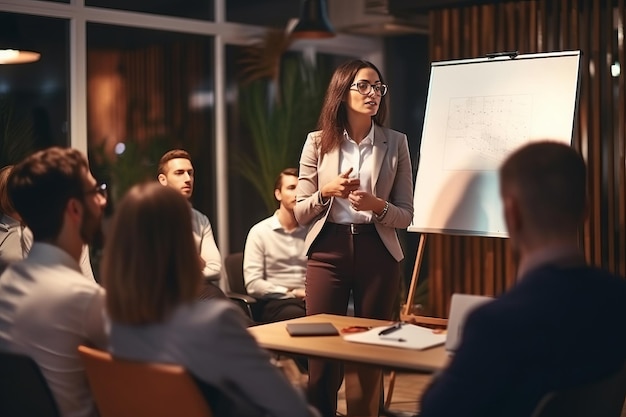 Photo empowered female leader guiding a diverse team towards success in a professional briefing