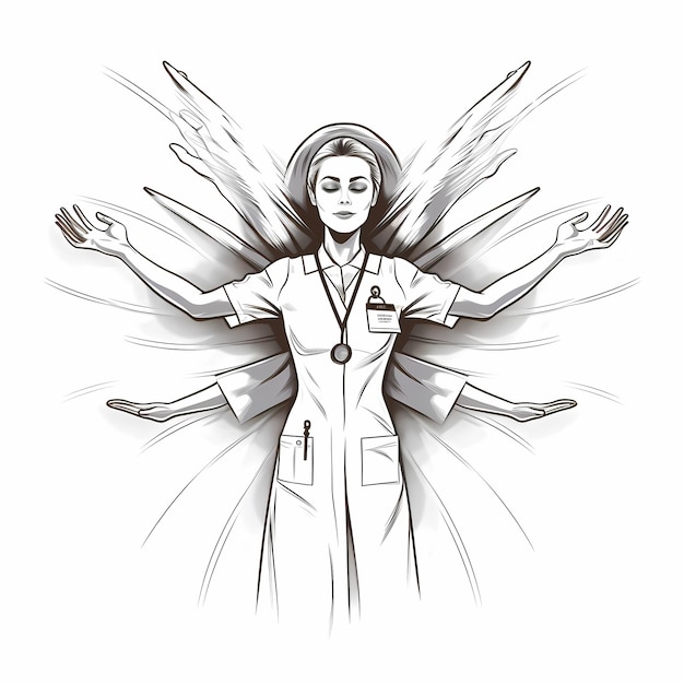 Empowered Flat Graphic Line Art Sketch of a FourArmed Nurse in Black and White