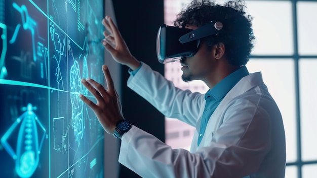 Empowered learning doctor in VR glasses uses a futuristic digital board to study patient scans