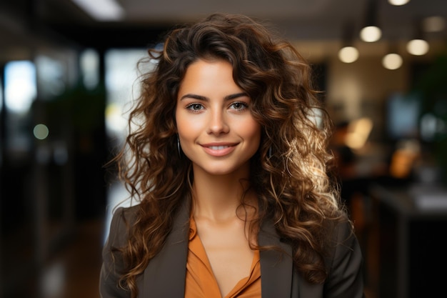 Empowered Professional Woman Smiling Confidently in a Modern Office Space