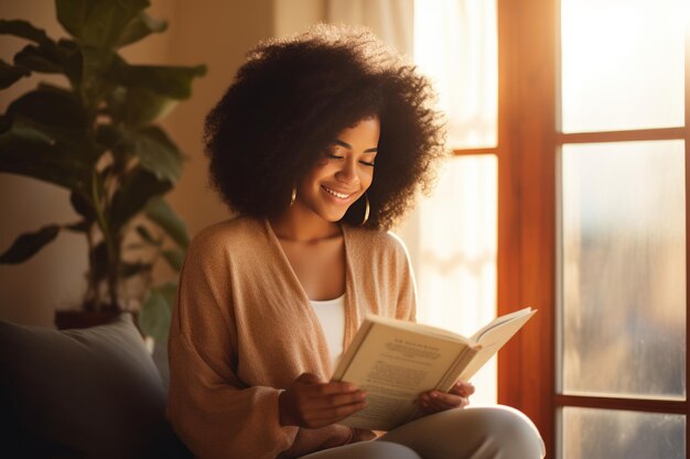 アフリカ系アメリカ人の女性が 知識と喜びを 抱きしめています