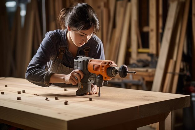 写真 木製のテーブルを制作する女性 木工のビジュアルな旅