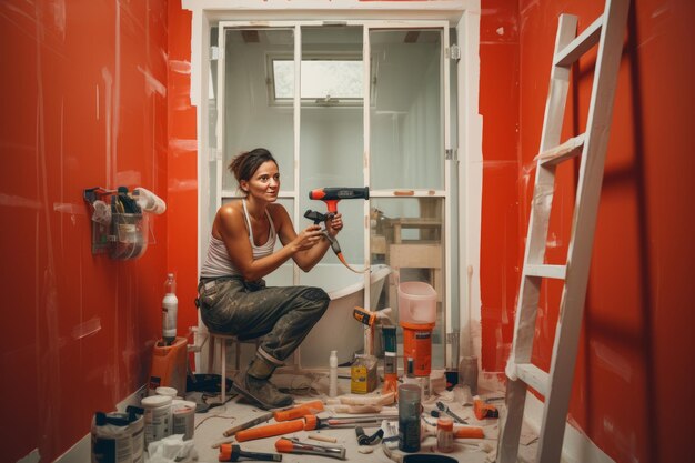 Foto una donna abilitata a padroneggiare la riparazione della doccia con le abilità della cassetta degli attrezzi diy