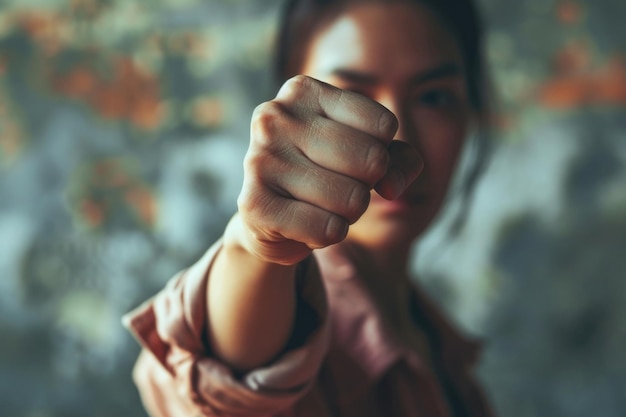 Photo empowered woman raising fist expressing motivation strength and courage