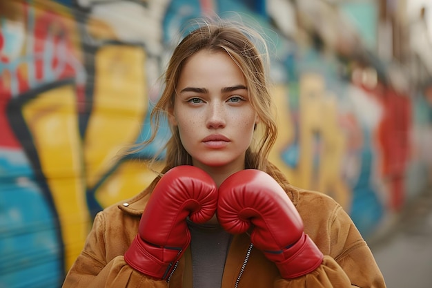 Photo empowered woman in red boxing gloves showcases strength and determination concept strength determination empowerment boxing gloves woman in red