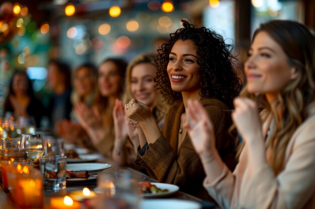 Empowered Women Dynamische discussies en applaus op een zakelijke bijeenkomst in een café