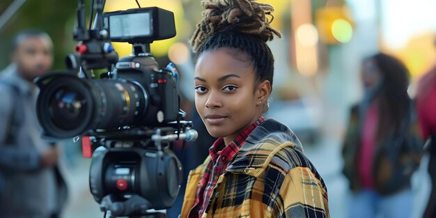 Photo empowering african american filmmaker leading a diverse crew in an urban setting to showcase her vision and leadership skills concept filmmaking diversity urban setting leadership empowerment