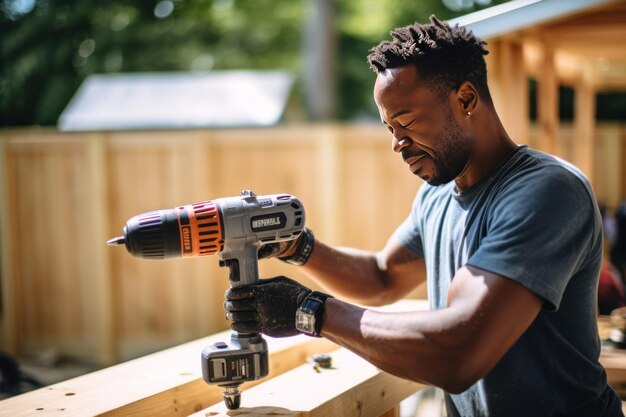 Empowering African Black Man DIY Outdoor Home Improvements with Cordless Battery Drill