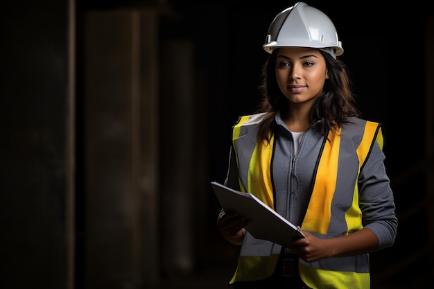 Empowering Engineering Young Professional met blauwdrukken en tablet tegen een metalen achtergrond