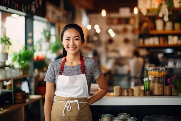 Empowering Entrepreneurship Een gelukkige Aziatische vrouw slaagt erin als eigenaar van een klein bedrijf in de Cof