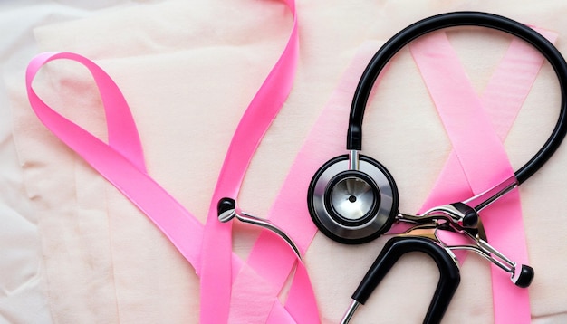 Фото Расширение возможностей здравоохранения розовая лента и черный стетоскоп на гипсе открывают путь к здоровью