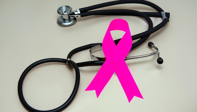Фото Расширение возможностей здравоохранения розовая лента и черный стетоскоп на гипсе открывают путь к здоровью