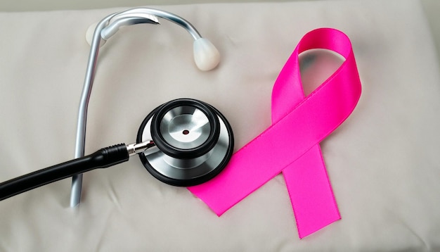 Foto potenziare l'assistenza sanitaria il nastro rosa e lo stetoscopio nero su gesso abbracciano il viaggio verso il benessere