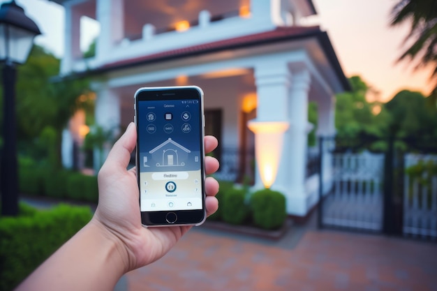 Photo empowering home security managing your alarm system with a mobile device outdoors