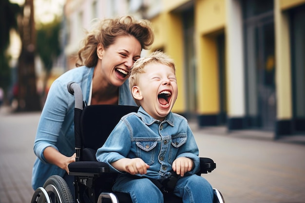 Premium AI Image | Empowering paraplegic child mom's support on urban ...
