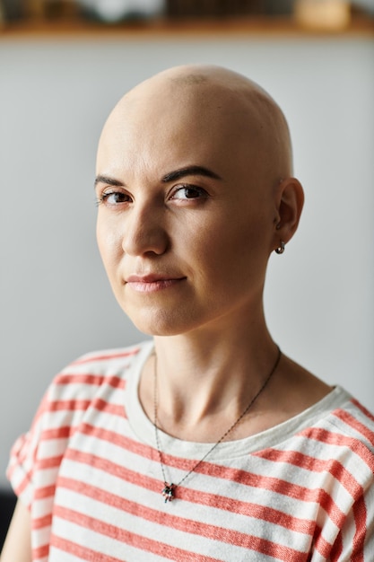 empowering portrait of a young bald woman with alopecia exuding confidence and grace indoors