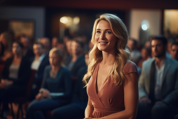 Empowering Presentation Mature Blonde Woman Engaging Audience